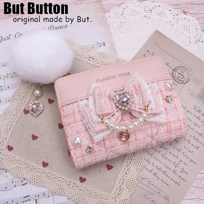 Kawaii Sweet Japanese Lolita Bow Wallet JK Harajuku Y2K Lace Rhinestone Short Wallet Mini Purse Card Holder Women Girls Gift