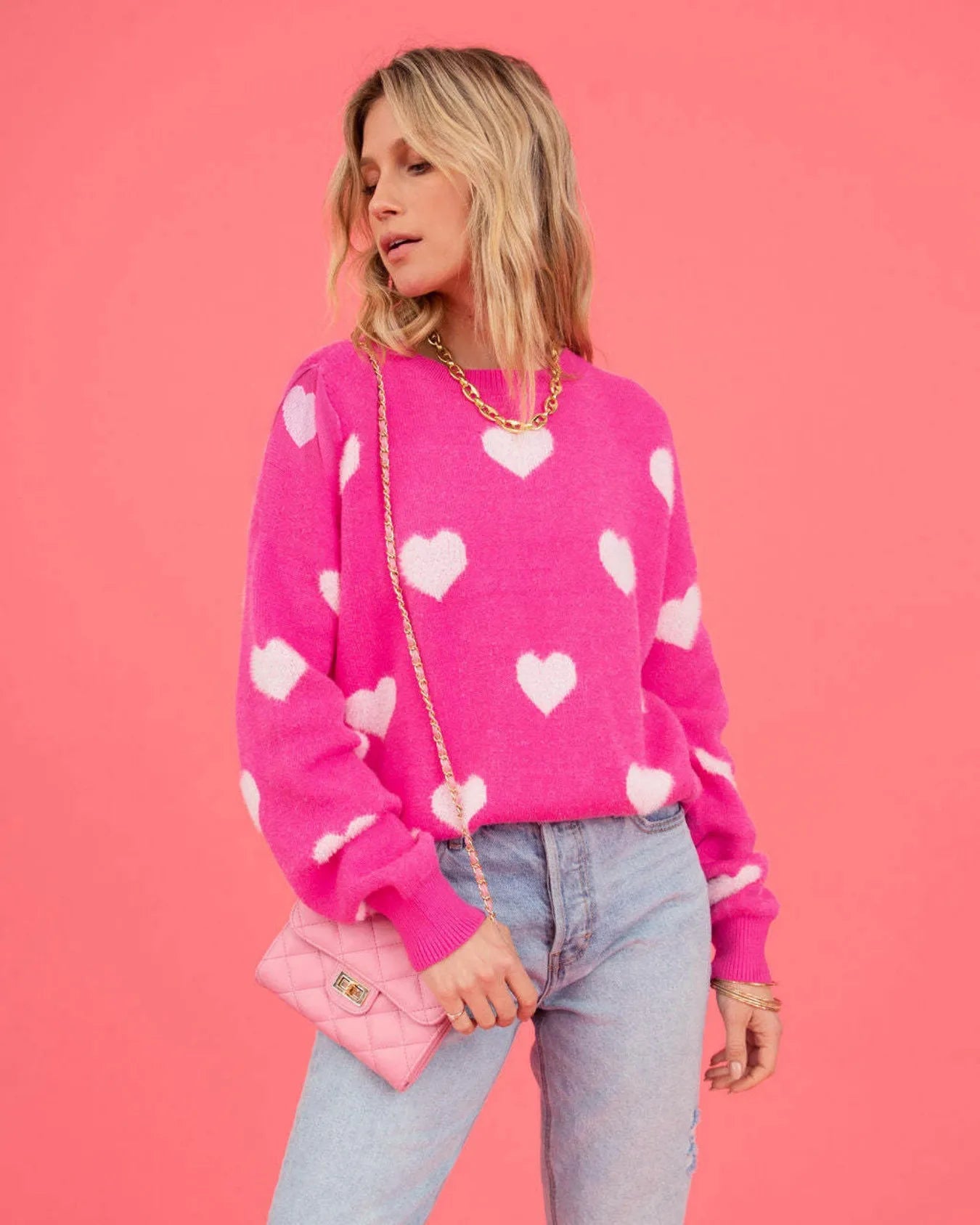 Women's Oversized Fuzzy Heart Knit Pullover Sweater