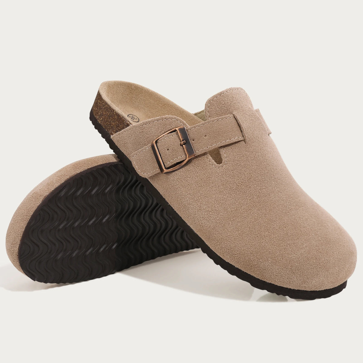 Evshine Men's Suede Clogs Fashion Leather Mules Cozy Footbed Slippers With Adjustable Buckle AntiSlip Cork Slippers Unisex Mules