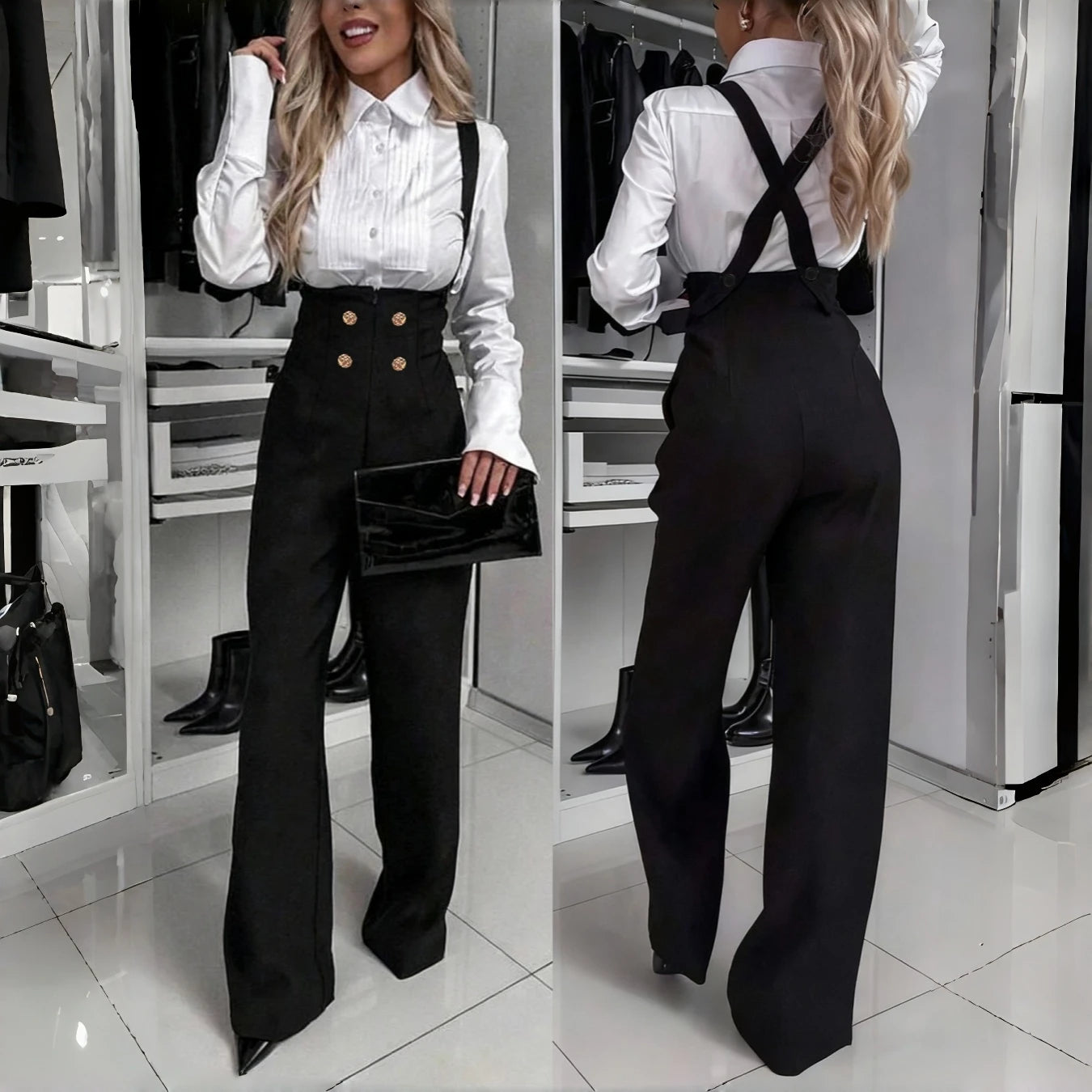 Retro Gold Double-Breasted Wide Leg Jumpsuit
