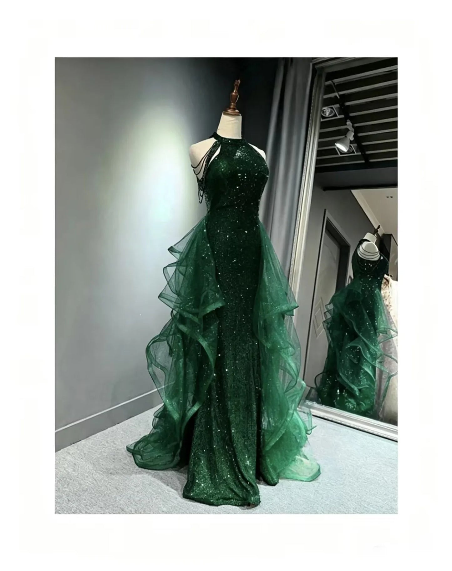 Elegant Sparkling Halter Evening Gown with Beading & Sweep Train