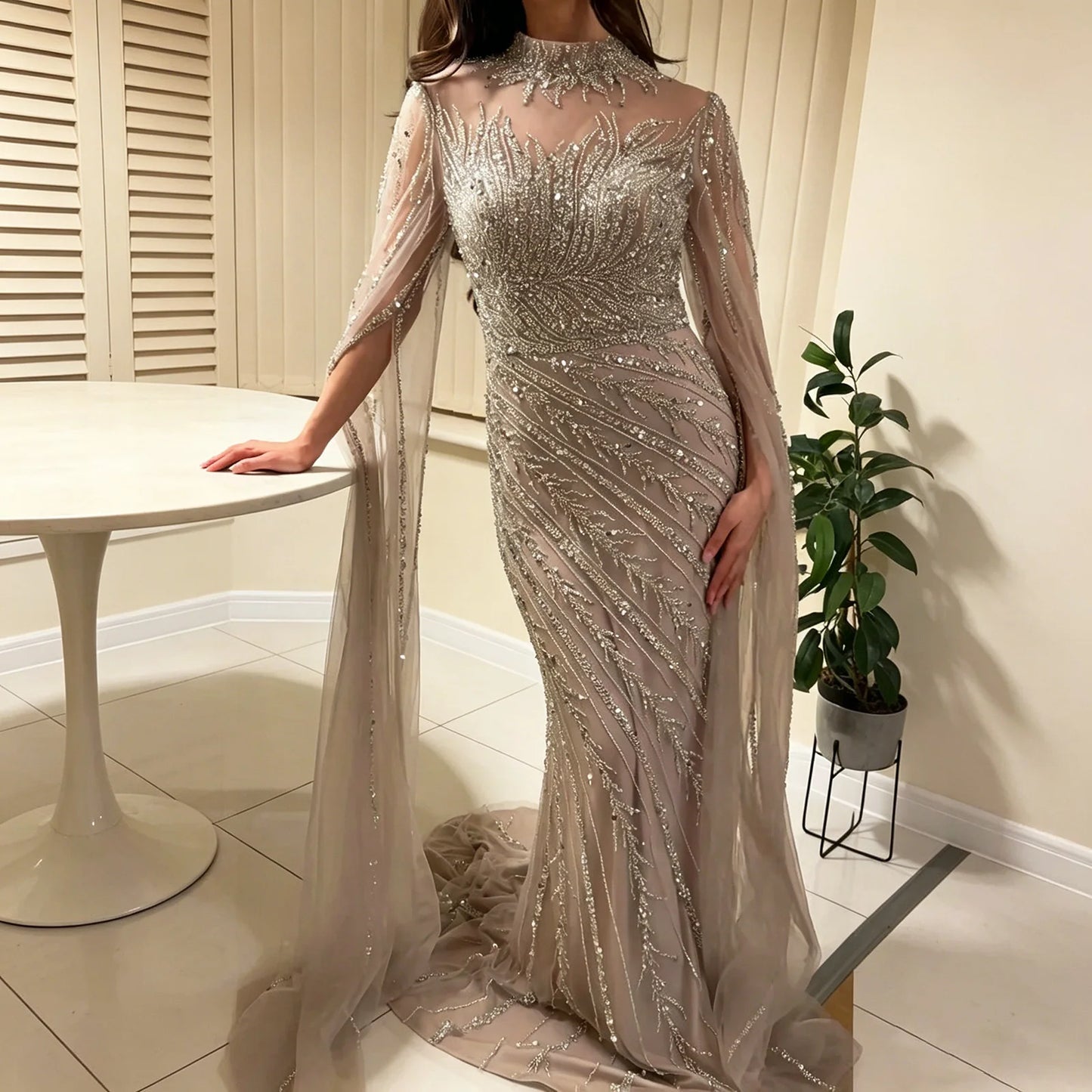Luxury Beaded Mermaid Evening Gown | Cape Sleeve