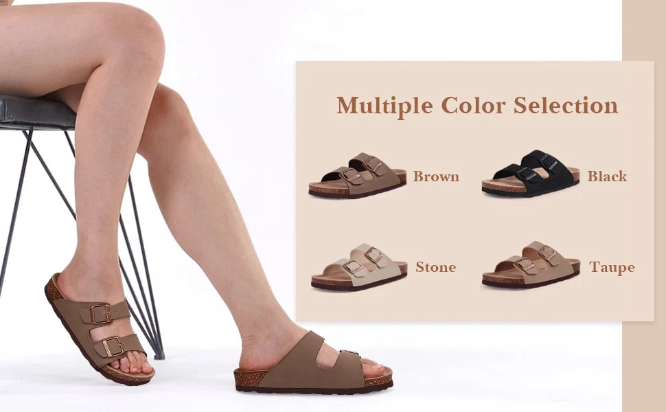 Evshine Leather Cork Footed Clogs Sandals For Women Fashion Flat Mules Slippers with Arch Support Men Double Buckle Cork Slides