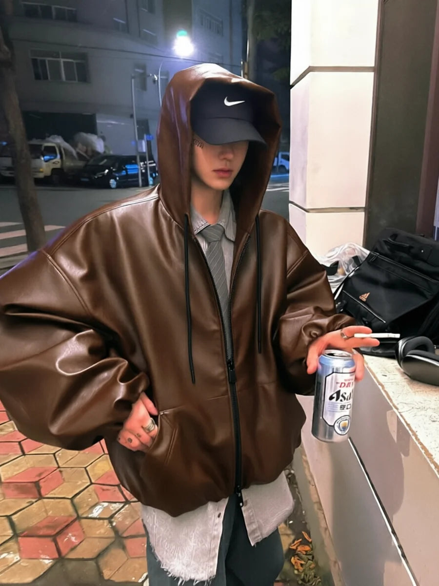 Men’s Oversized Hooded Faux Leather Jacket