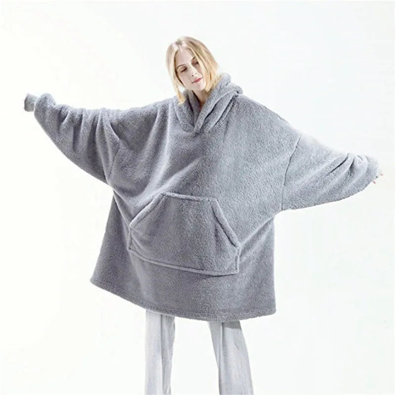 New Winter Women Double-faced Fleece Hoodie Blanket Oversize Large Pocket Warm Couple Loose Sweatshirts Women And Men Robe