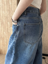 Spring/Summer New American Retro Fashionable High Waist Washed Used Cat Beard Jeans Loose Wide Leg Pants Women