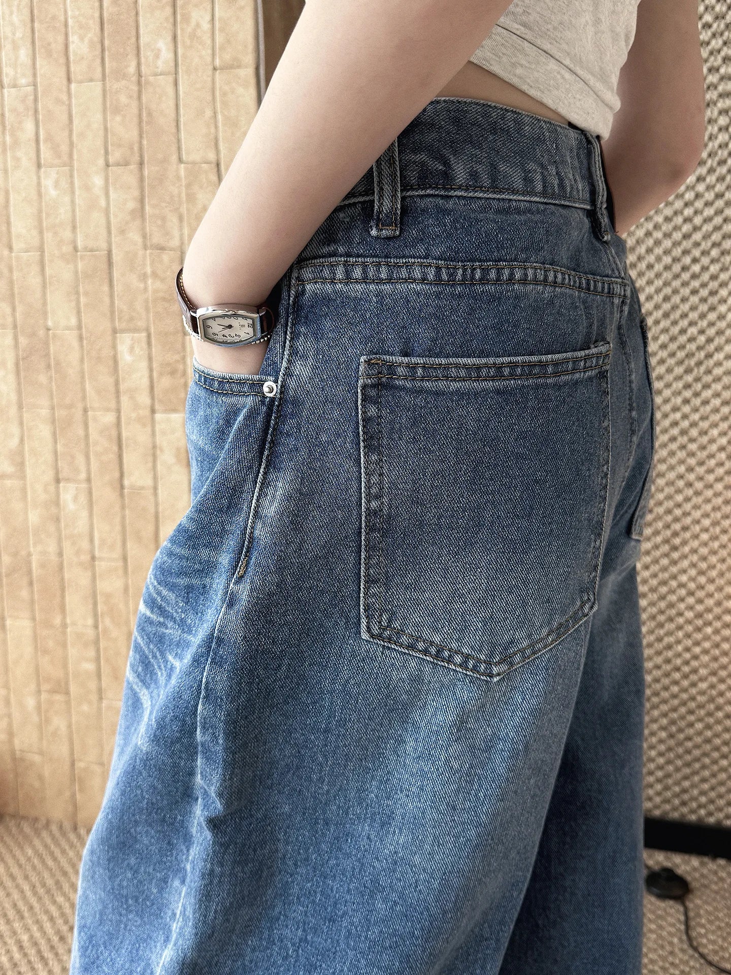 Spring/Summer New American Retro Fashionable High Waist Washed Used Cat Beard Jeans Loose Wide Leg Pants Women