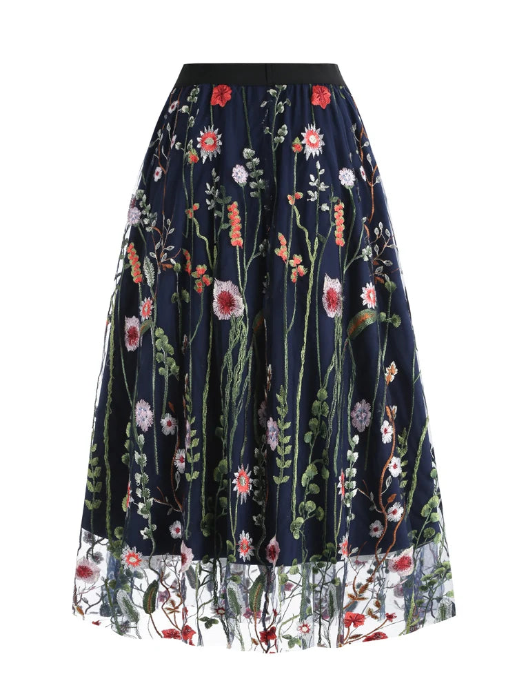 Tonval Floral Embroidered Mesh Midi Skirt – Elegant & Vintage