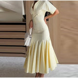 Women Fashion Solid Dress V-neck Ruffles Hem Short Sleeves Waist-cinching Draped Empire Dresses Summer Chic Elegant Summer Gown