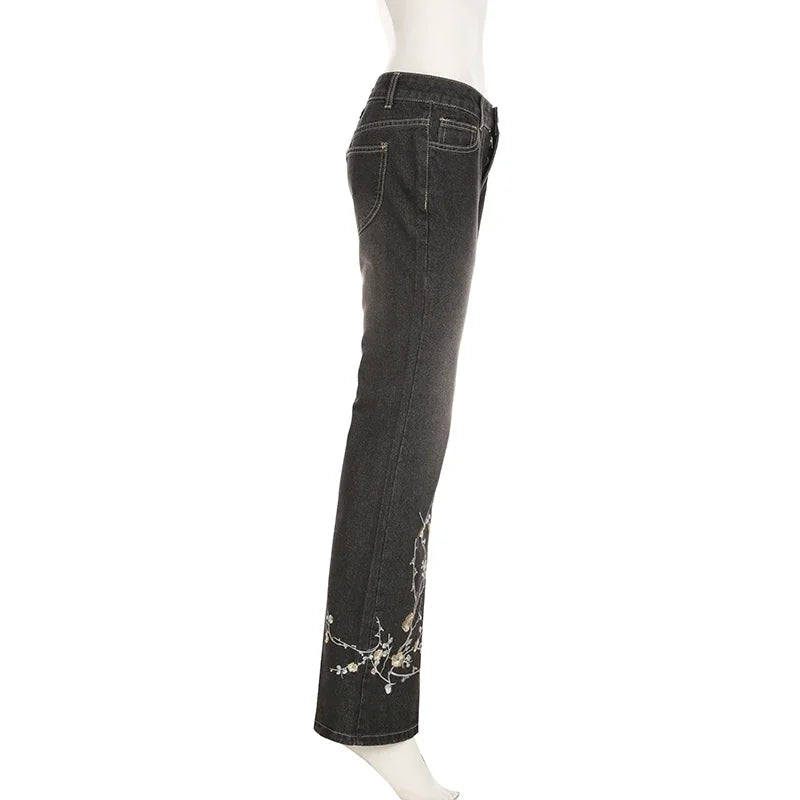 Weekeep Floral Embroidery Low Rise Flared Jeans Women
