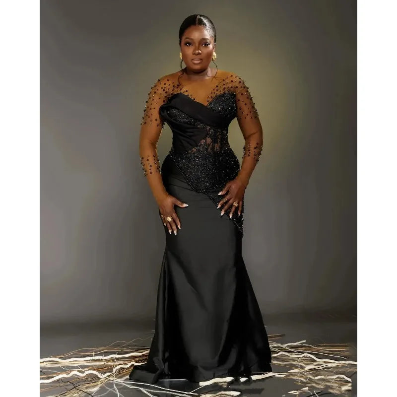 Black Lace Women Evening Dress High Neck Long Sleeved Formal Occasion Gown Luxury Pearl Occasion Party Gown Customized