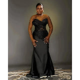 Black Lace Women Evening Dress High Neck Long Sleeved Formal Occasion Gown Luxury Pearl Occasion Party Gown Customized