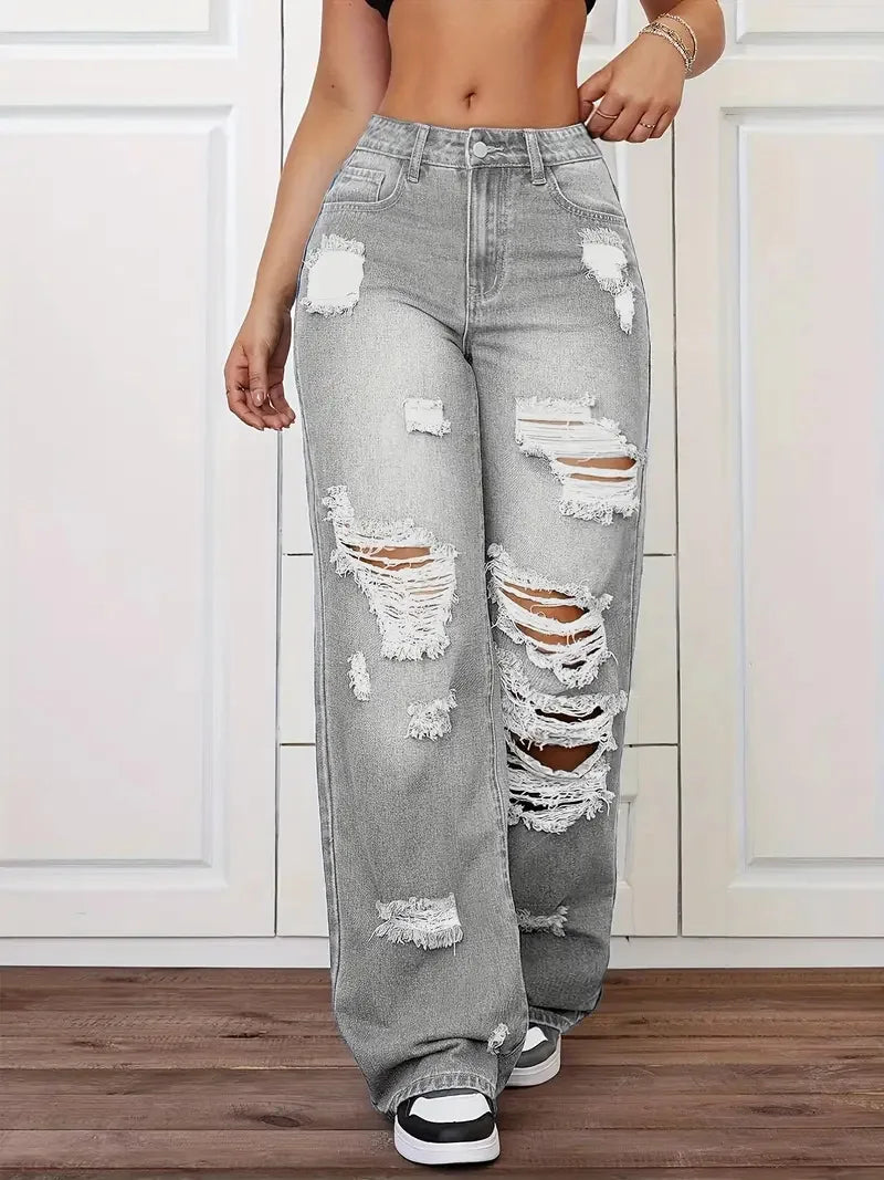 Women's Distressed Wide Leg Jeans | High Waist Denim