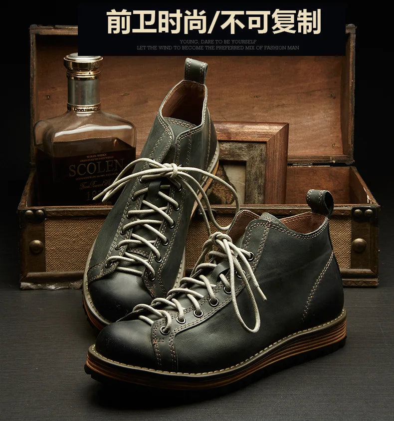 KOWM Hiking shoes men's walking boots British thick soled cowhide high top motorcycle boots ankle sneakers  casual trekking shoe