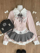 Spring Y2K Princess Outfits Women 2 Piece Sets Sweet Kawaii Bow Tops + Lace Pleated Skirt Female Retro Chic Preppy Style Clothes