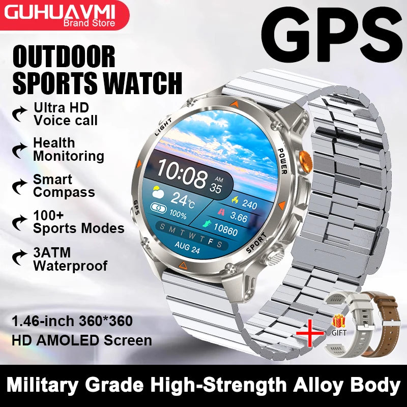 2026 New Military Bluetooth Call Smart Watch Built-in GPS Compass Barometric Altimeter 10ATM Waterproof Sports Smartwatches Men