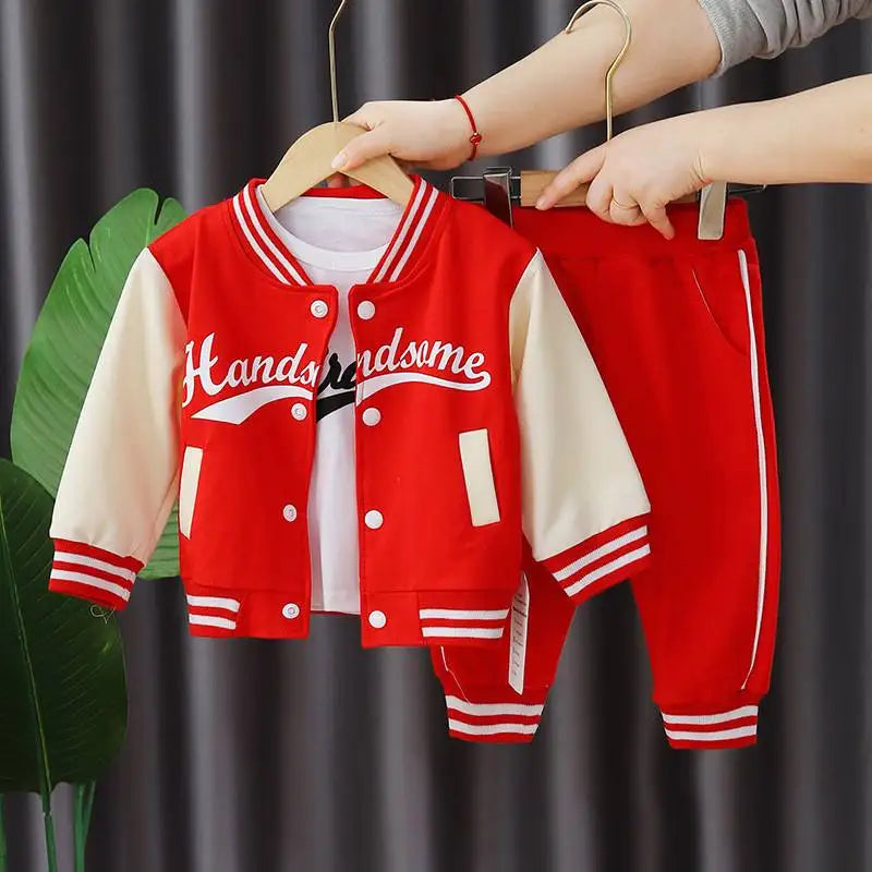 Boys' 3-Piece Autumn Letter Jacket & Striped Sweatpants Set