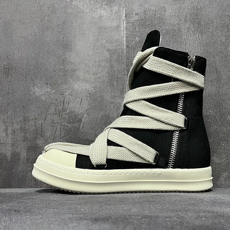 Men Women High-TOP Shoes Casual Canvas Jumbo Lace Up Sneakers Luxury Designer Zip Hip Hop Autumn Flats Black Boots
