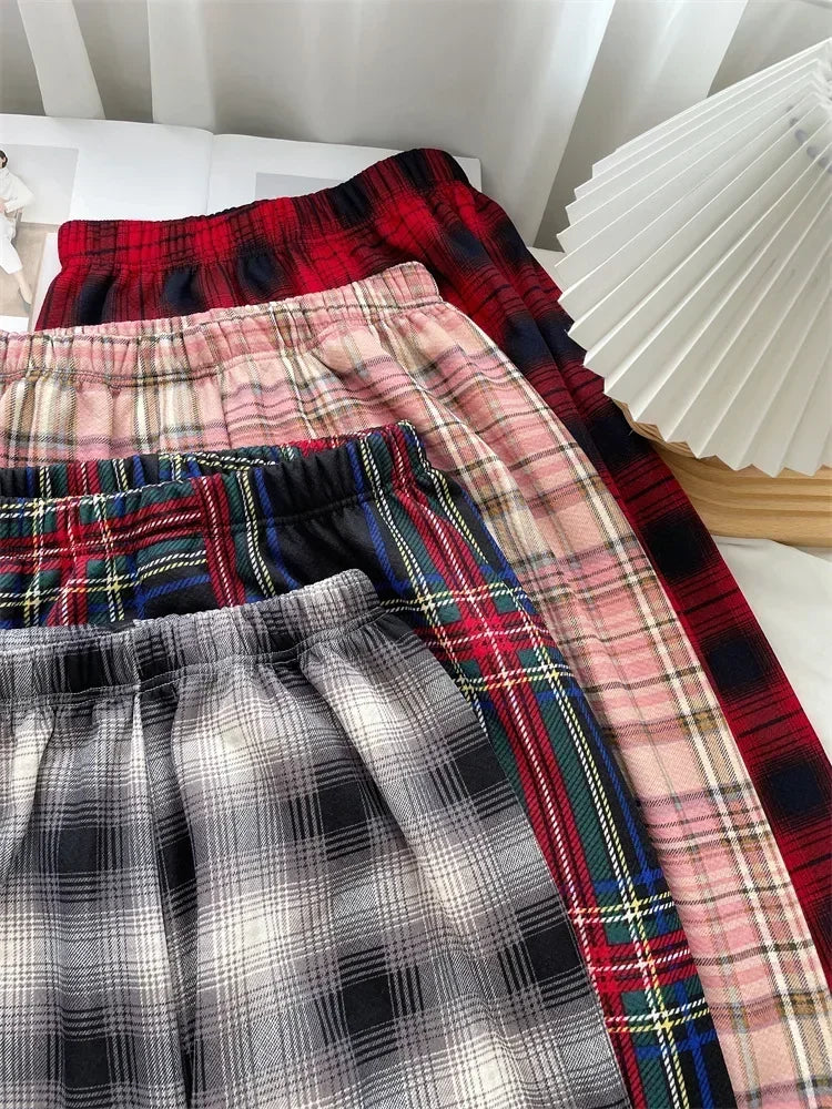 Plaid Plush Wide-Leg Trousers
