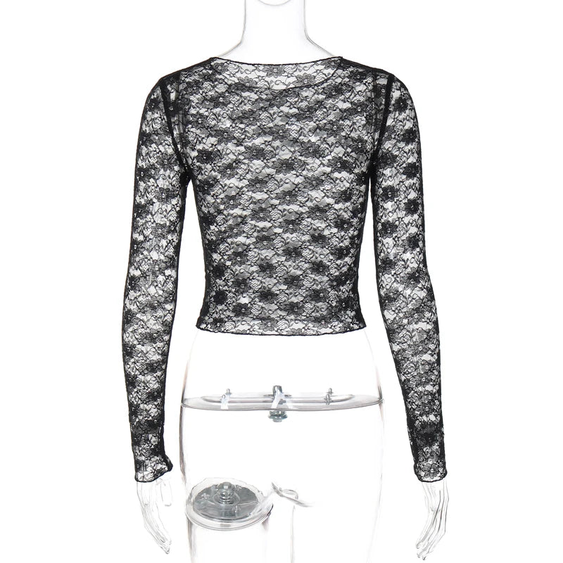 Mesh Lace Long Sleeve Crop Top