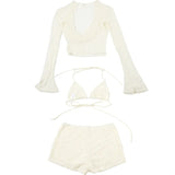Cryptographic Fashion Halter Draped 3 Piece Sets Beach Outfits Hollow Out Lace Up Bikini Shorts Long Sleeve Co-ords Sets Suits