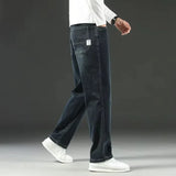 Autumn Winter  Brand New High Waist Jeans Classic Business Casual Office Men's Fashion Stretch Slim Denim Jeans Navy Blue