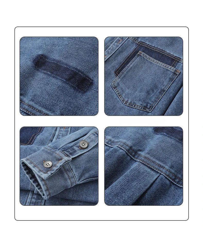 Mens High Quality Custom Weave Slub Deconstructed Patchwork Denim Shirt Trendy Distressed Wash Streetwear Casual Long Sleeve