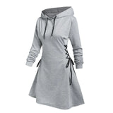 Women Autumn Sweatshirt Dresses Side Lace-Up Waist In Long Sleeve Solid Color Hooded Pullover Tops Casual Long Loose Hoodies