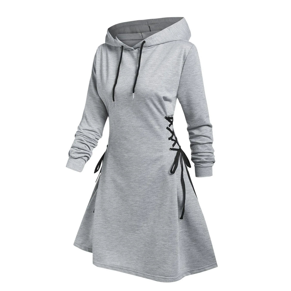 Women Autumn Sweatshirt Dresses Side Lace-Up Waist In Long Sleeve Solid Color Hooded Pullover Tops Casual Long Loose Hoodies