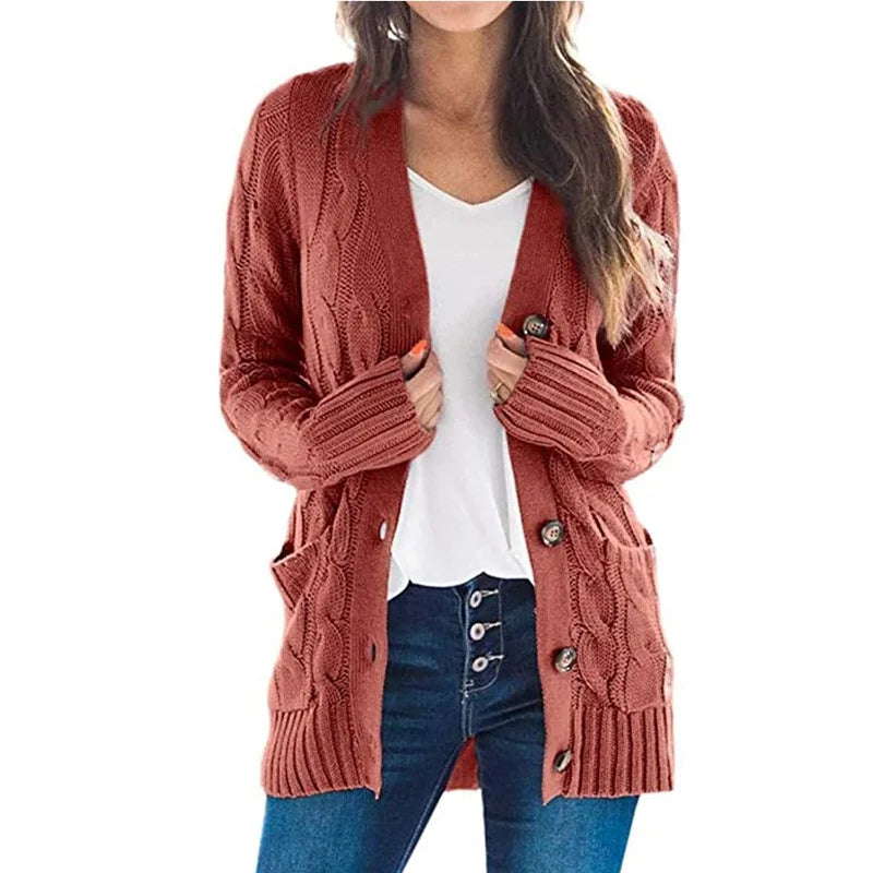 Women's V-Neck Button-Down Cardigan – Soft Loose Fit Knitted Sweater Jacket