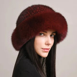 Genuine Knitted Mink Fur Hat with Fox Fur Brim