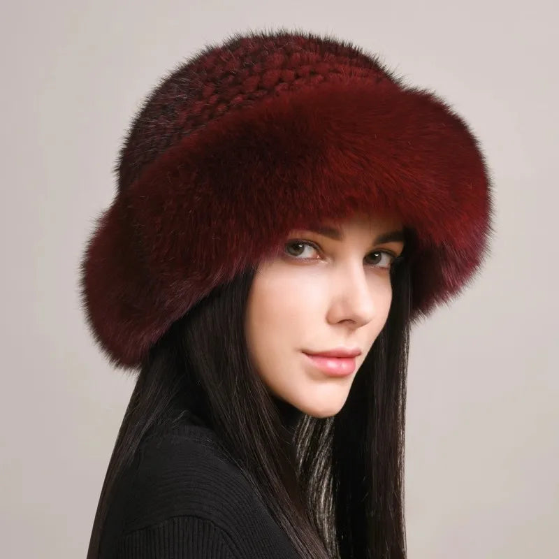 Genuine Knitted Mink Fur Hat with Fox Fur Brim