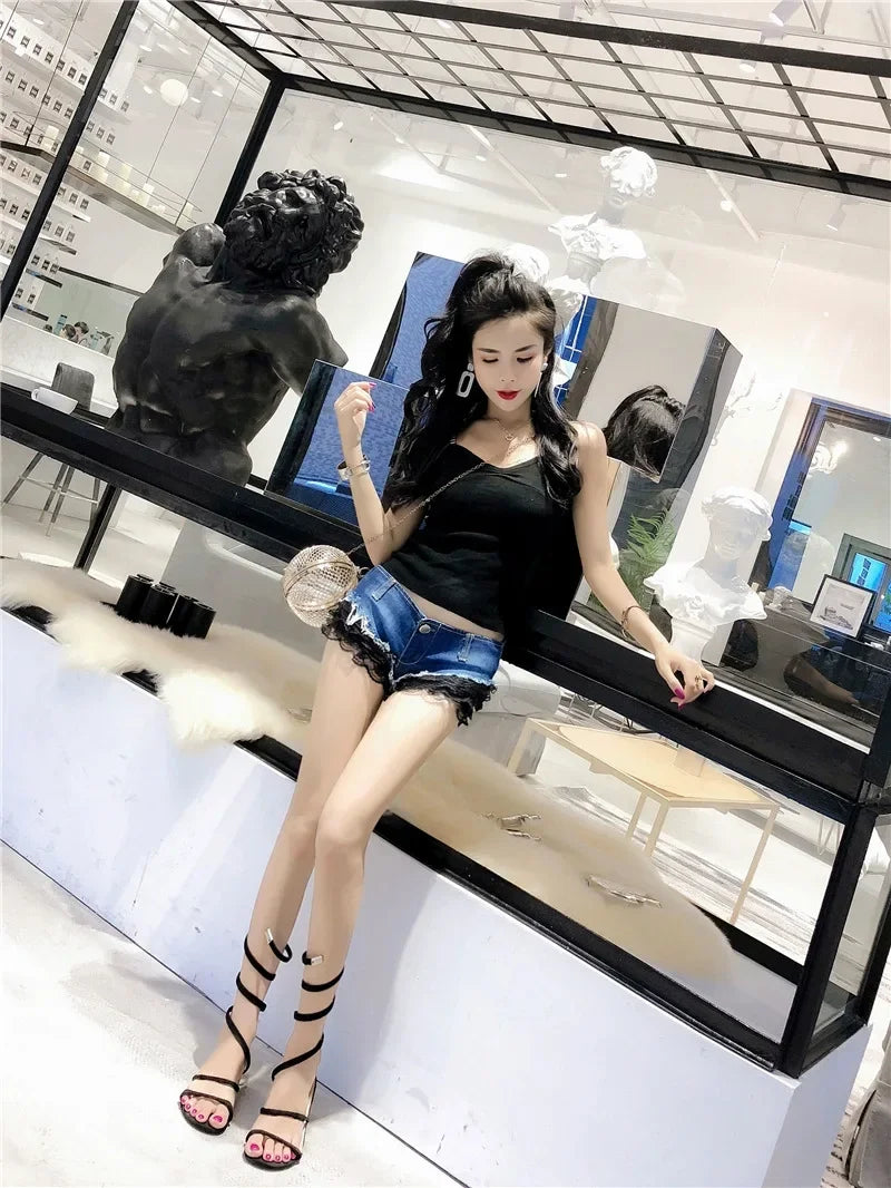 Women's Y2K Low-Waist Lace Denim Shorts - Sweet & Spicy Style