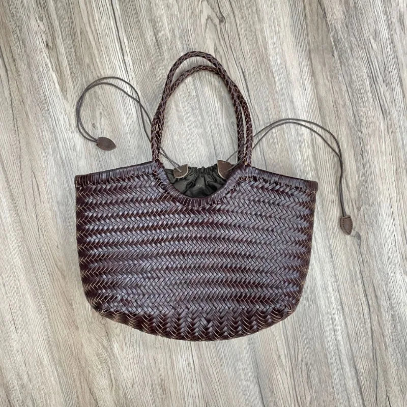 Luxury Designer Genuine Leather Cowhide Hand-woven Tote Bag High Quality Vintage Women's  Vacation Travel Beach Shoulder Bag