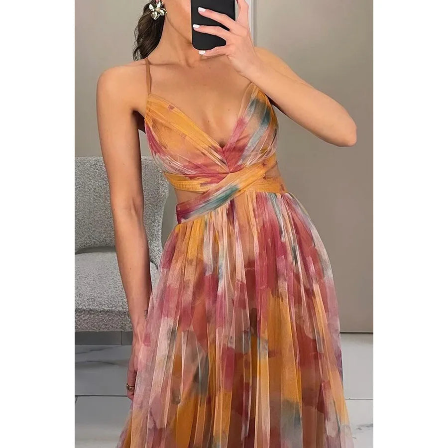USA-Made Summer Floral Mesh Strap V-Neck Maxi Dress | Casual Holiday Party Long Skirt
