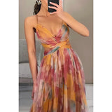 USA-Made Summer Floral Mesh Strap V-Neck Maxi Dress | Casual Holiday Party Long Skirt