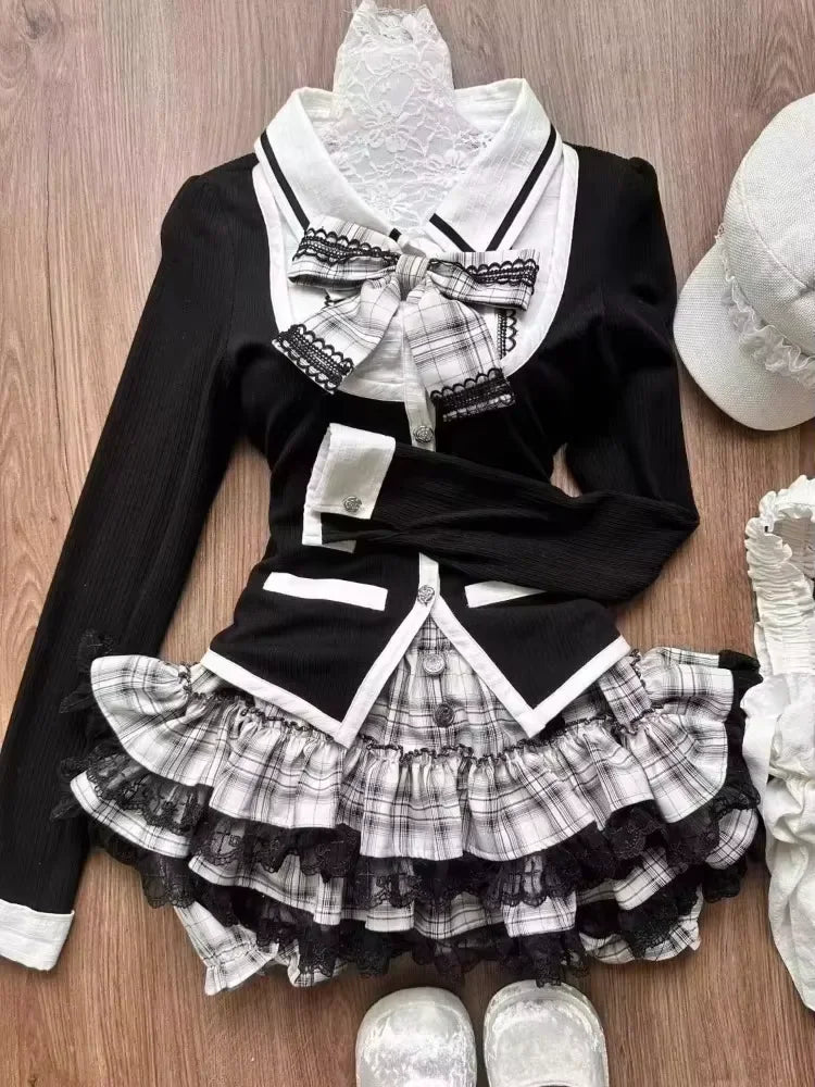 Sweet Lolita Lace Up Ruffles Cardigan+ Sexy Slim Fit Strapless Vest Tops+ High Waist Ruched Skirts Early Autumn Three Piece Sets