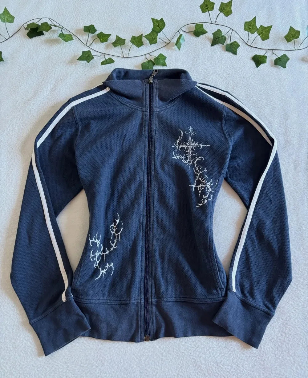 Y2K Striped Embroidered Jacket Harajuku Classic Retro Navy Blue Collared Zip Up Hoodie Goth Geometric Print Slim Fit Sweatshirt