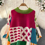 Miyake Pleated Drape Dress – Colorblock Print, 3/4 Sleeve