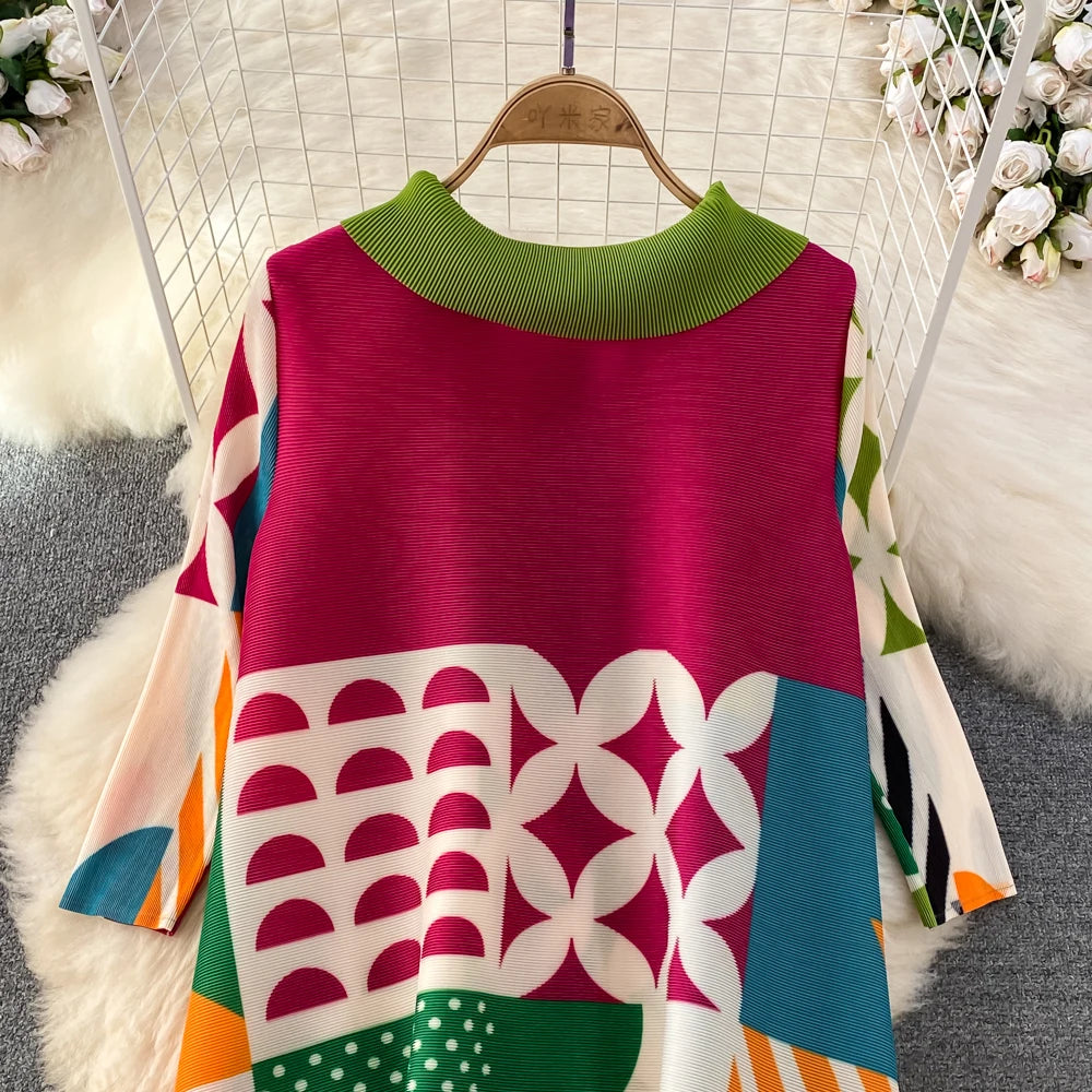 Miyake Pleated Drape Dress – Colorblock Print, 3/4 Sleeve
