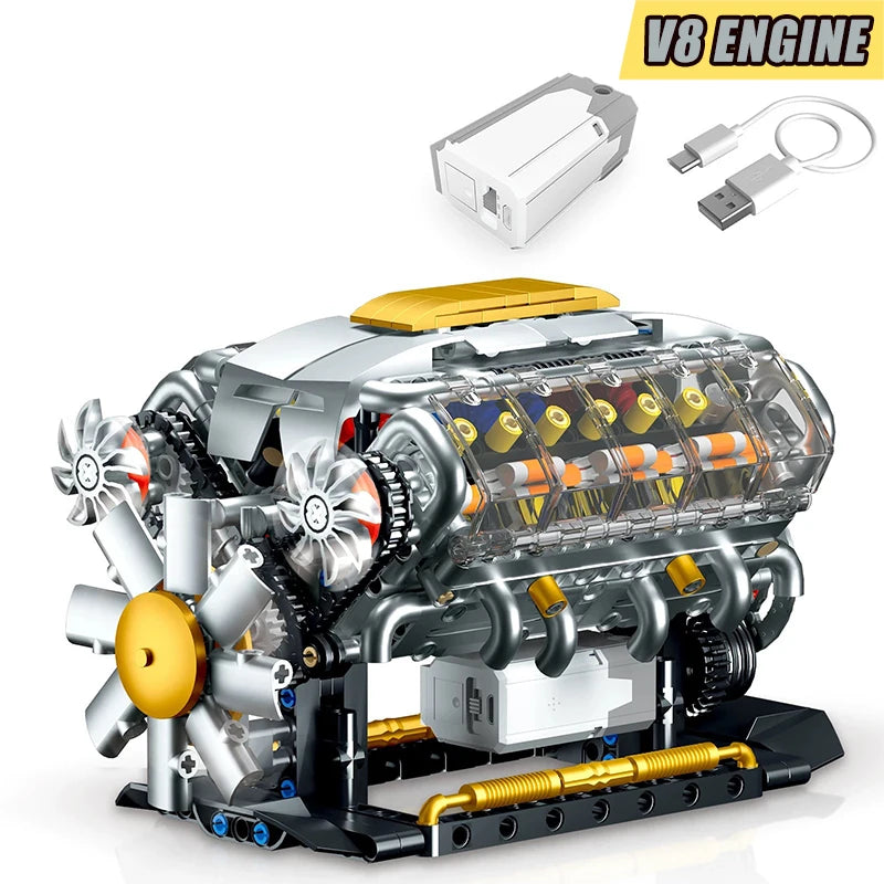 Technical Mechnical Electrice V8 Engine Building Blocks Simulation Car Engine MOC Bricks Science Education Toys Kids Adult Gift