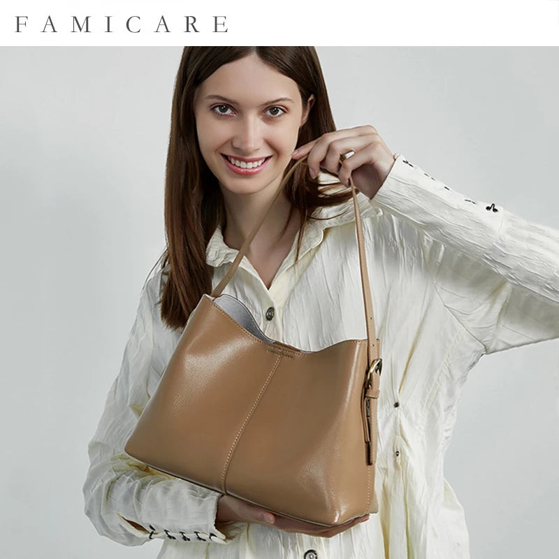 2025 New Women Bag Female Luxury Fashion Shoulder Bags Lady Soft 100% Cowhide Genuine Leather Niche Design Tote Bucket Handbag