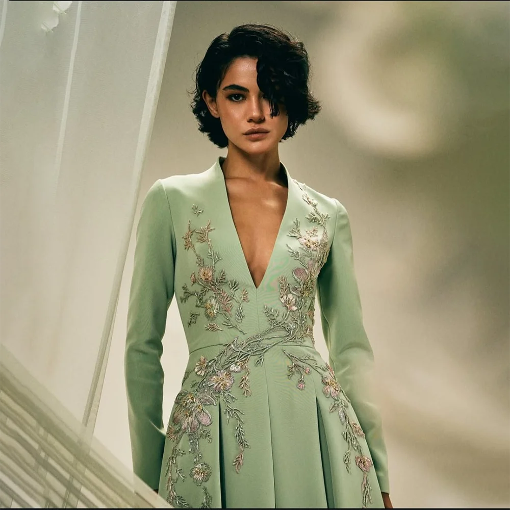 Sage Green Evening Dress Customized Deep V-Neck Long Sleeves Evening Gowns for Women 2026 Pleated A Line Formal Dress Long