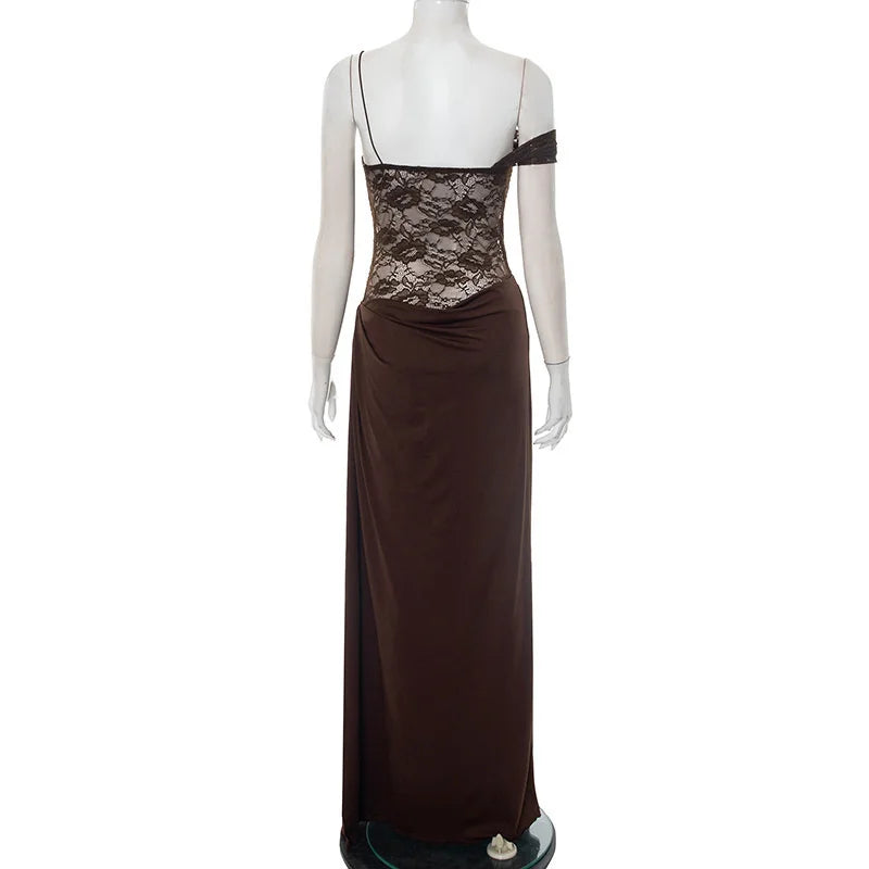 One-Shoulder Lace Gown – Sleeveless Backless Maxi Club Dress