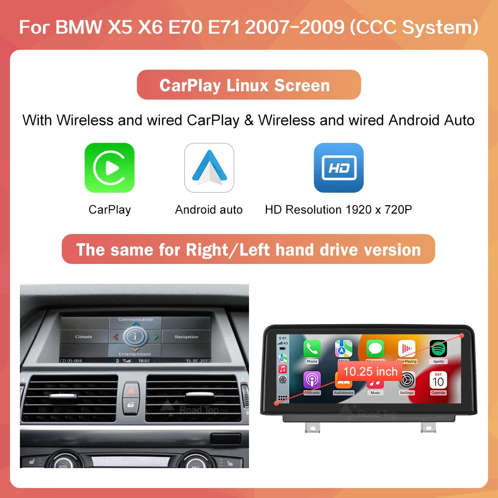 RoadTop 10.25"/12.3" Wireless CarPlay & Android Auto Screen for BMW X5 X6