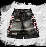 Y2K Dark Wash Wide Leg Jeans with Pink Flame Embroidery