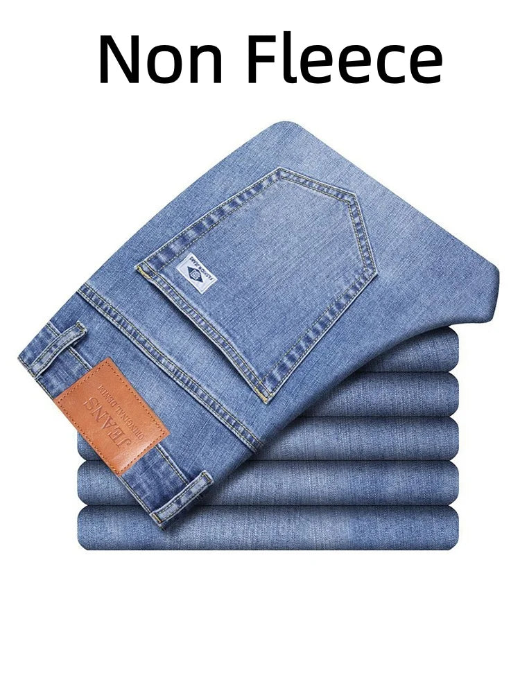 Men's Winter Fleece Thicken Lightweight Business Straight Leg Jeans Solid Color Versatile Slight Elastic Long Pants
