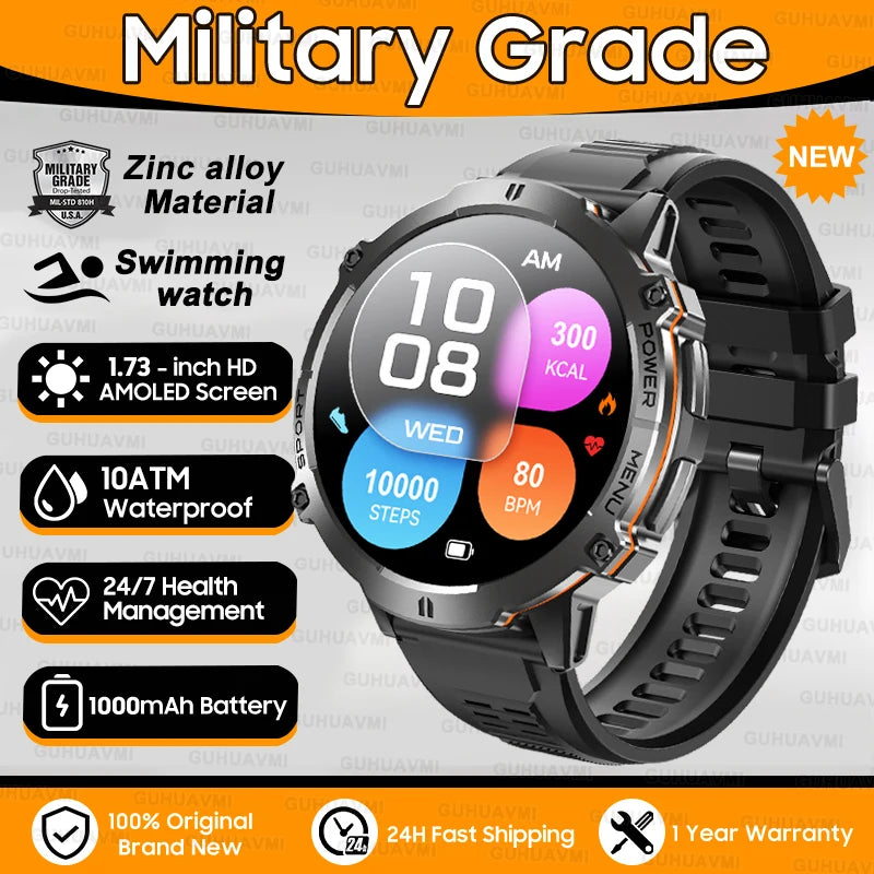 2025 New 1000mAh Battery Sports SmartWatch 1.73" AMOLED Screen 10ATM Waterproof Compass Altimeter Military T-Rex3 Smartwatch Men