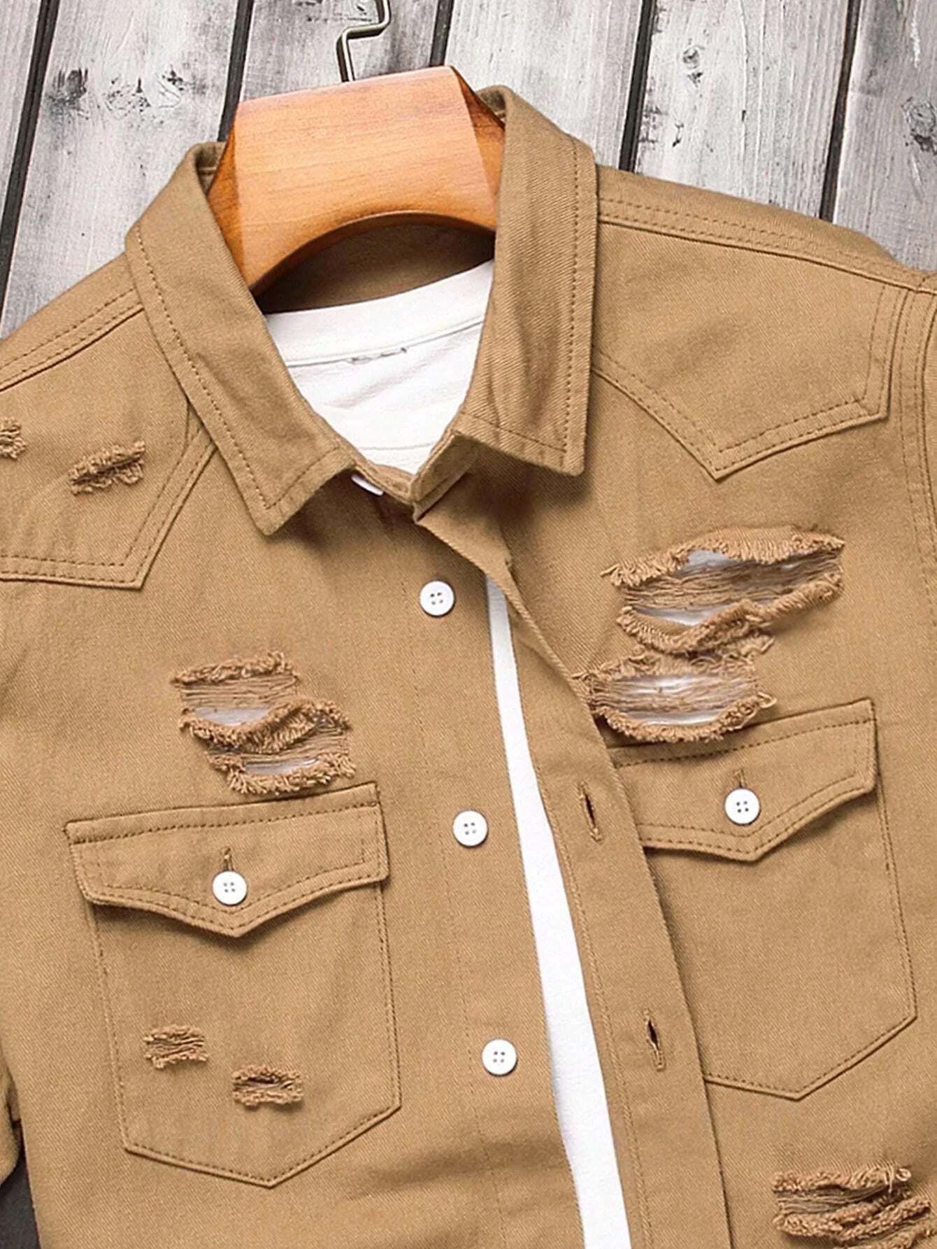 Men's Brown Distressed Ripped Short-Sleeve Denim Shirt, Summer Casual Lapel Button-Up Workwear Blouse with Chest Pocket