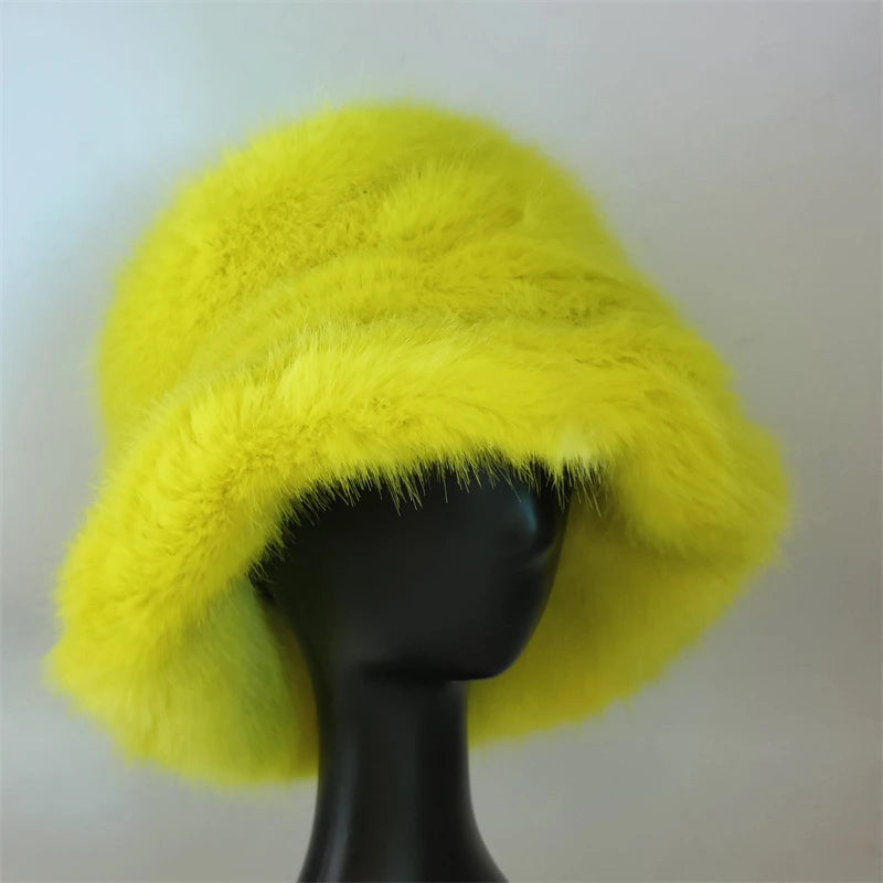 1pcs Winter Faux Fur Bucket Hat Warm Fluffy Plush colorful soft Winter hat Personality fur Fisherman Hats for women Plush hat겨